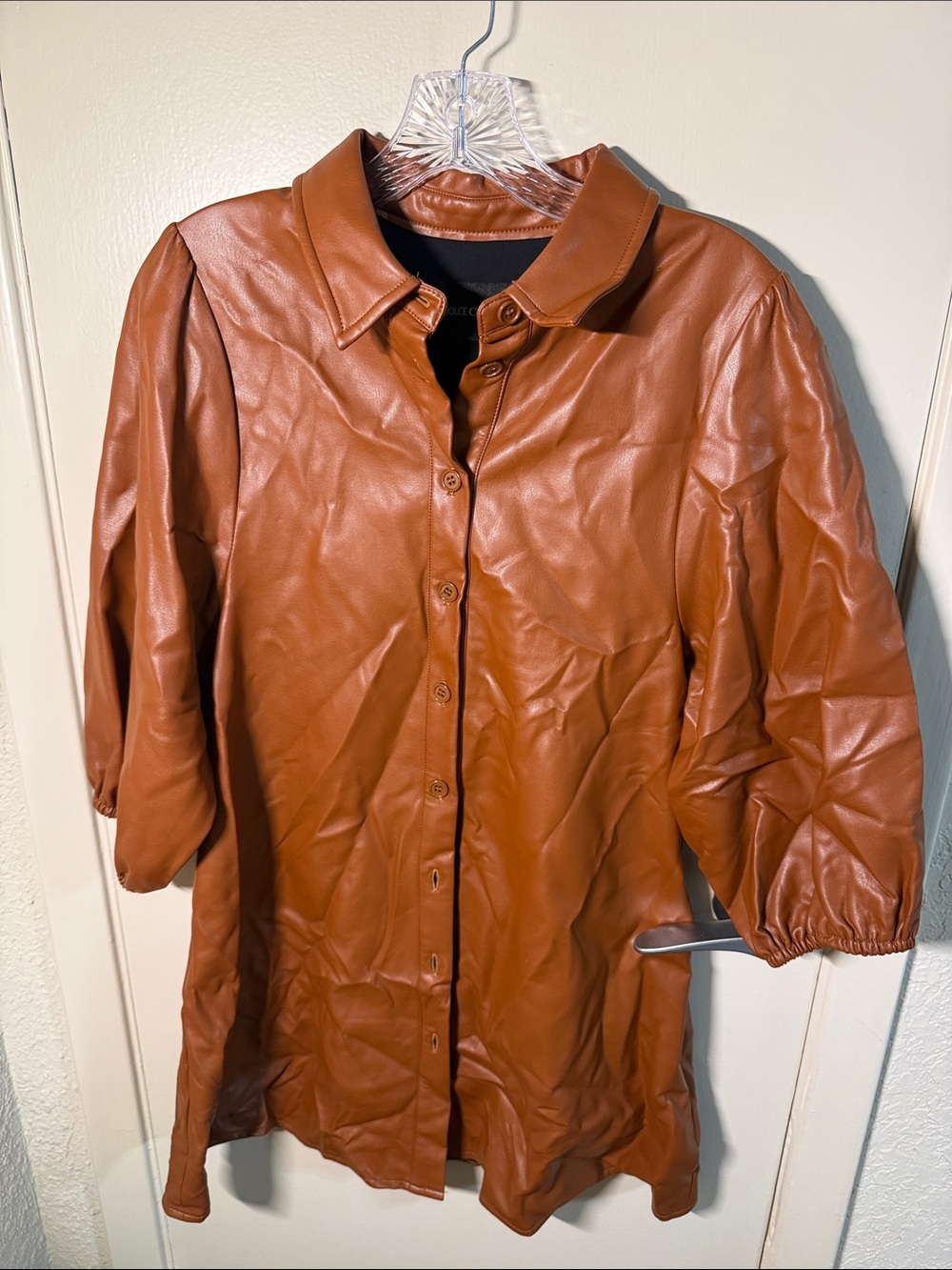 Dolce Cabo Womens Faux Leather Button-Front Shacket in Cognac XS